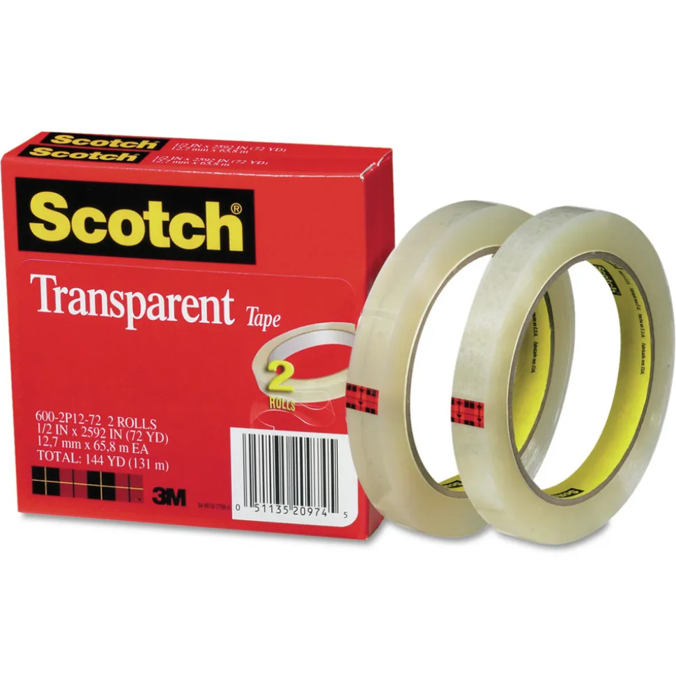 Scotch 0.5 in. x 72 yds 3 in. Core Tape - Transparent (2/Pack)