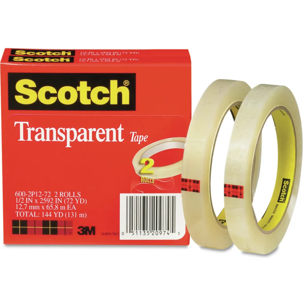 Scotch 0.5 in. x 72 yds 3 in. Core Tape - Transparent (2/Pack)