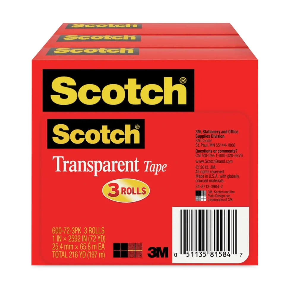 Scotch 1 in. x 72 yds 3 in. Core Tape - Transparent (3/Pack)