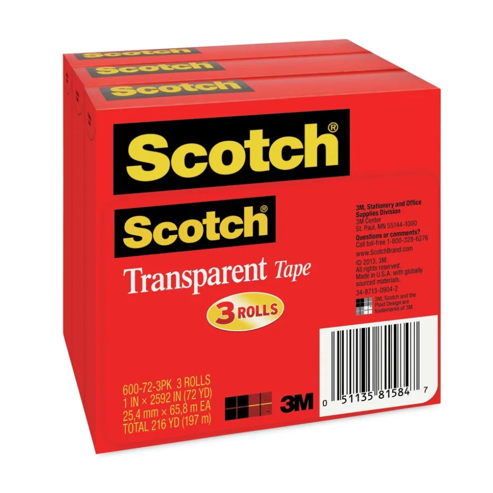 Scotch 1 in. x 72 yds 3 in. Core Tape - Transparent (3/Pack)