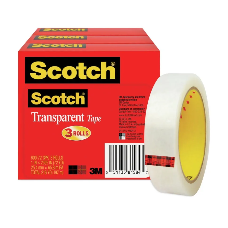 Scotch 1 in. x 72 yds 3 in. Core Tape - Transparent (3/Pack)