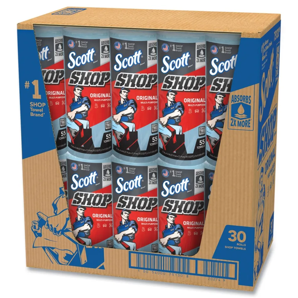 Scott 75130 9.4 in. x 11 in. Standard Shop Towels - Blue (55/Roll 30 Rolls/Carton)