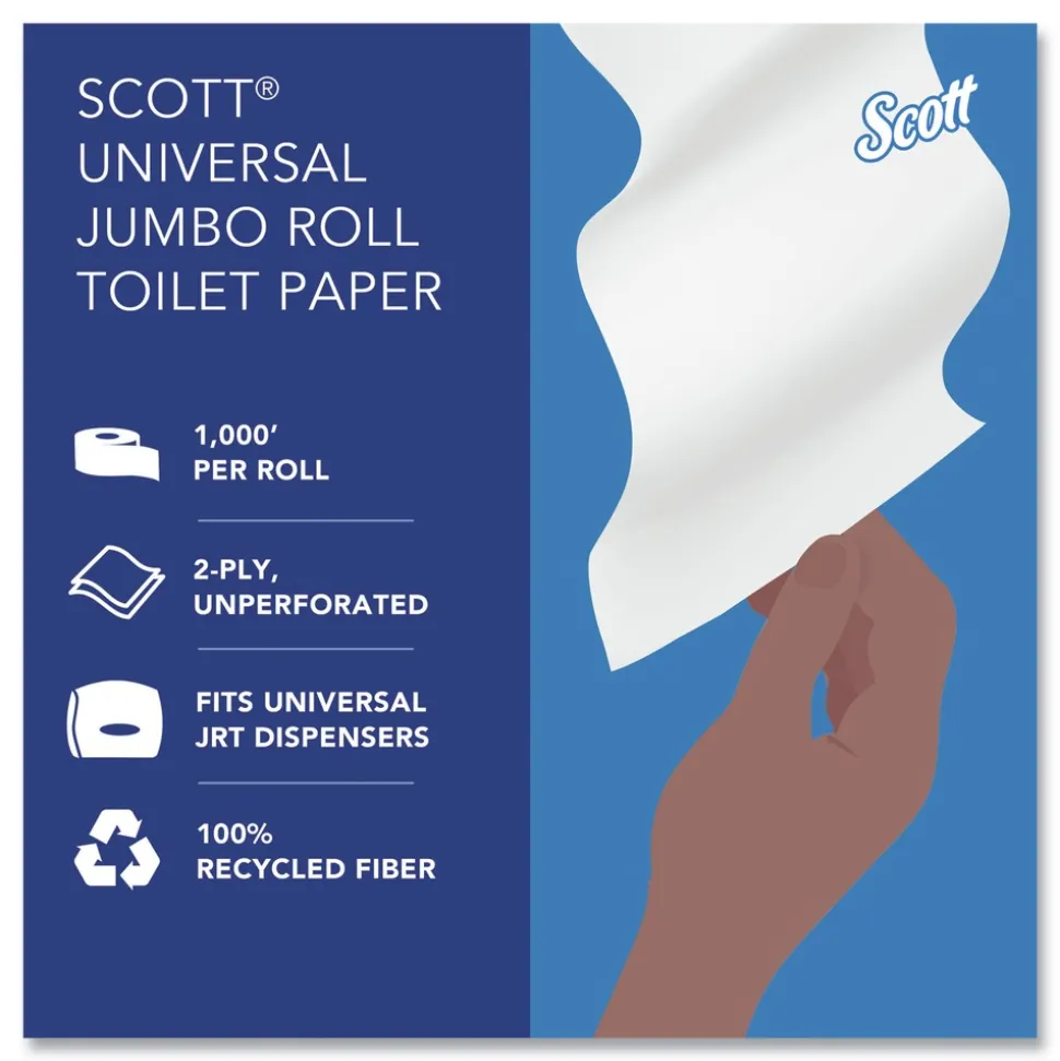 Scott 67805 2-Ply 3.55 in. x 1000 ft. Septic Safe Essential 100% Recycled Fiber JRT Bathroom Tissue for Business - White (12/Carton)