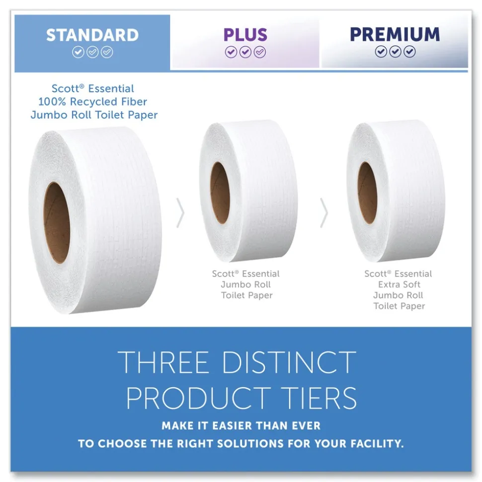 Scott 67805 2-Ply 3.55 in. x 1000 ft. Septic Safe Essential 100% Recycled Fiber JRT Bathroom Tissue for Business - White (12/Carton)