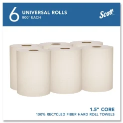 Scott Essential 100% Recycled Fiber Hard Roll Towel, 1-Ply, 8-in x 800-ft, 1.5-in Core, Brown, 6 Rolls/Carton
