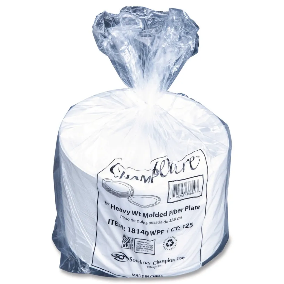 SCT ChampWare Molded Fiber Tableware, Molded Fiber Plate, 9-in dia, White, 125 Plates/Sleeve, 4 Sleeves/Carton