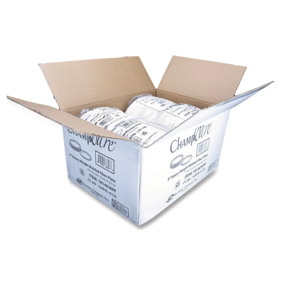 SCT ChampWare Molded Fiber Tableware, Molded Fiber Plate, 9-in dia, White, 125 Plates/Sleeve, 4 Sleeves/Carton