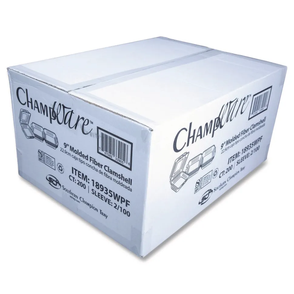 SCT ChampWare Molded-Fiber Clamshell Containers, 9 x 9 x 3, White, 100/Sleeve, 2 Sleeves/Carton