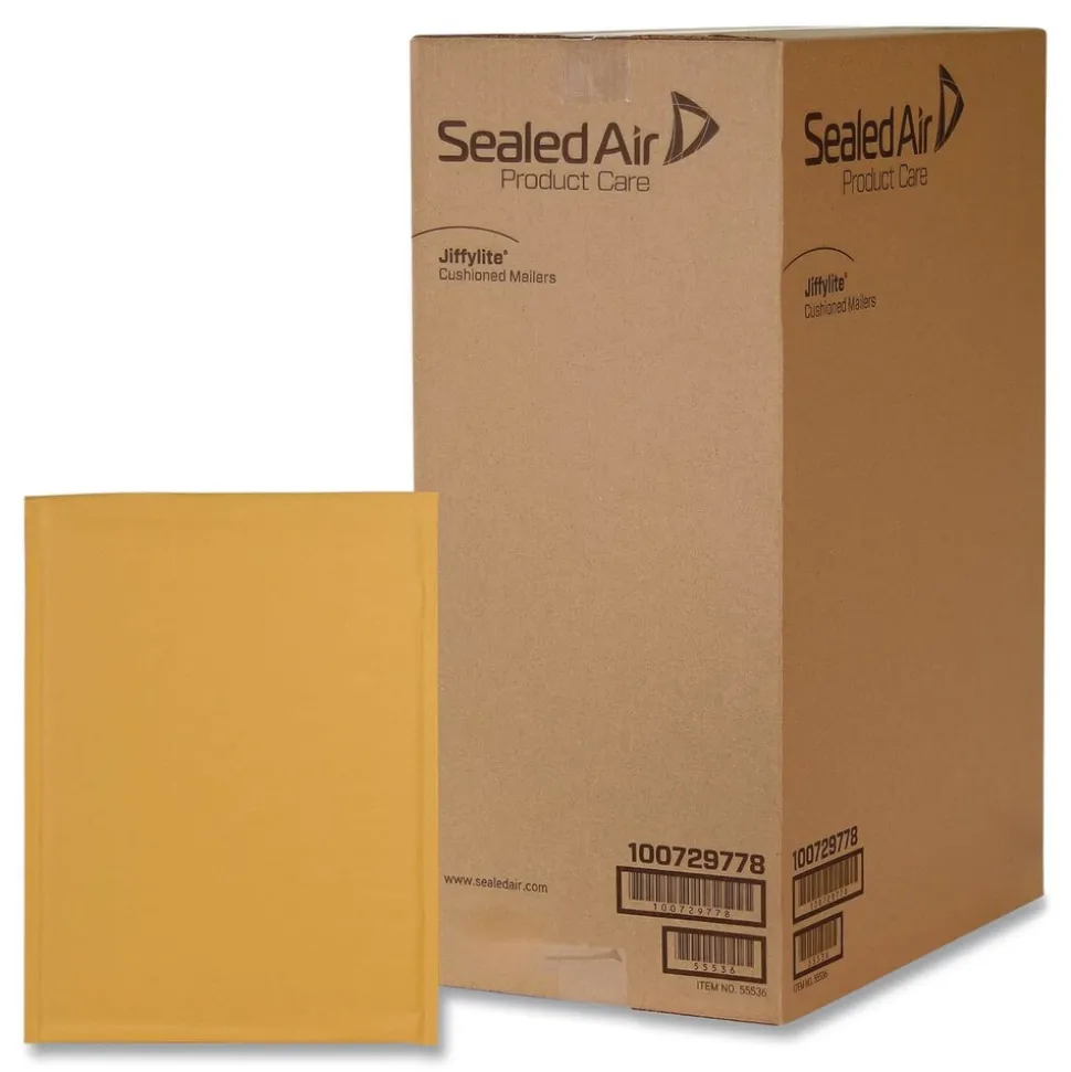 Sealed Air #000 Barrier Bubble Air Cell Cushion Self-Adhesive Closure 4 in. x 8 in. Jiffylite Self-Seal Bubble Mailer - Golden Kraft (250/Carton)