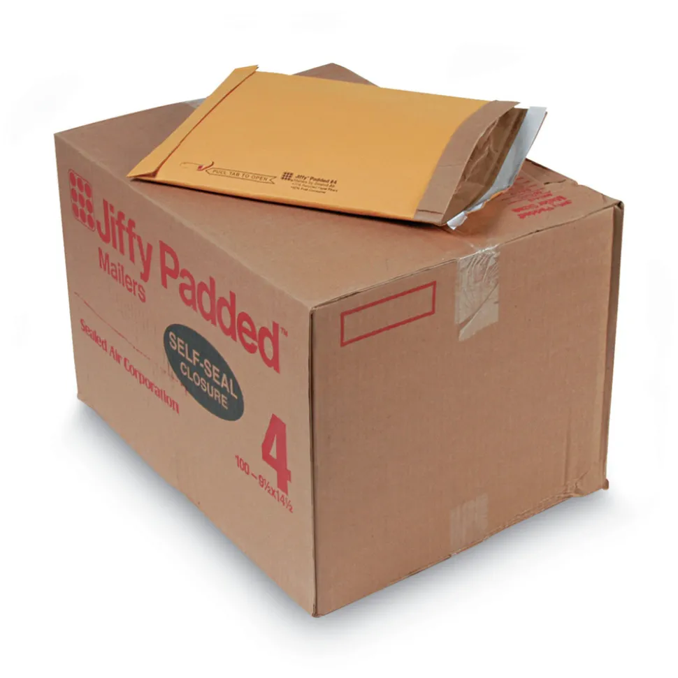 Sealed Air Jiffy #4 Paper Padding Self-Adhesive Closure 9.5 in. x 14.5 in. Padded Mailer - Natural Kraft (100/Carton)