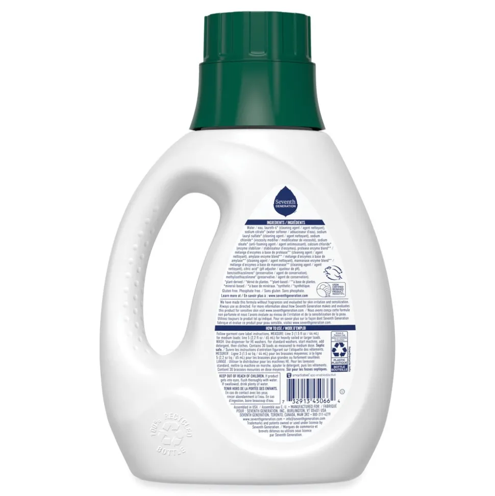 Seventh Generation 10732913450661 45 oz. Bottle Natural Liquid Laundry Detergent - Fragrance Free (6/Carton)