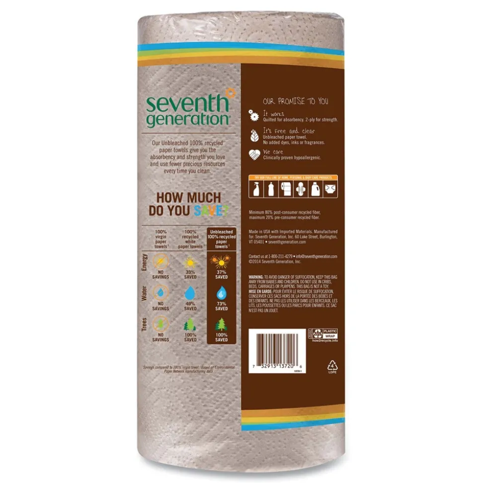 Seventh Generation SEV 13720 100% Recycled 11 in. x 9 in. 2-Ply Paper Kitchen Towel Rolls - Brown (120/Roll, 30 Rolls/Carton)