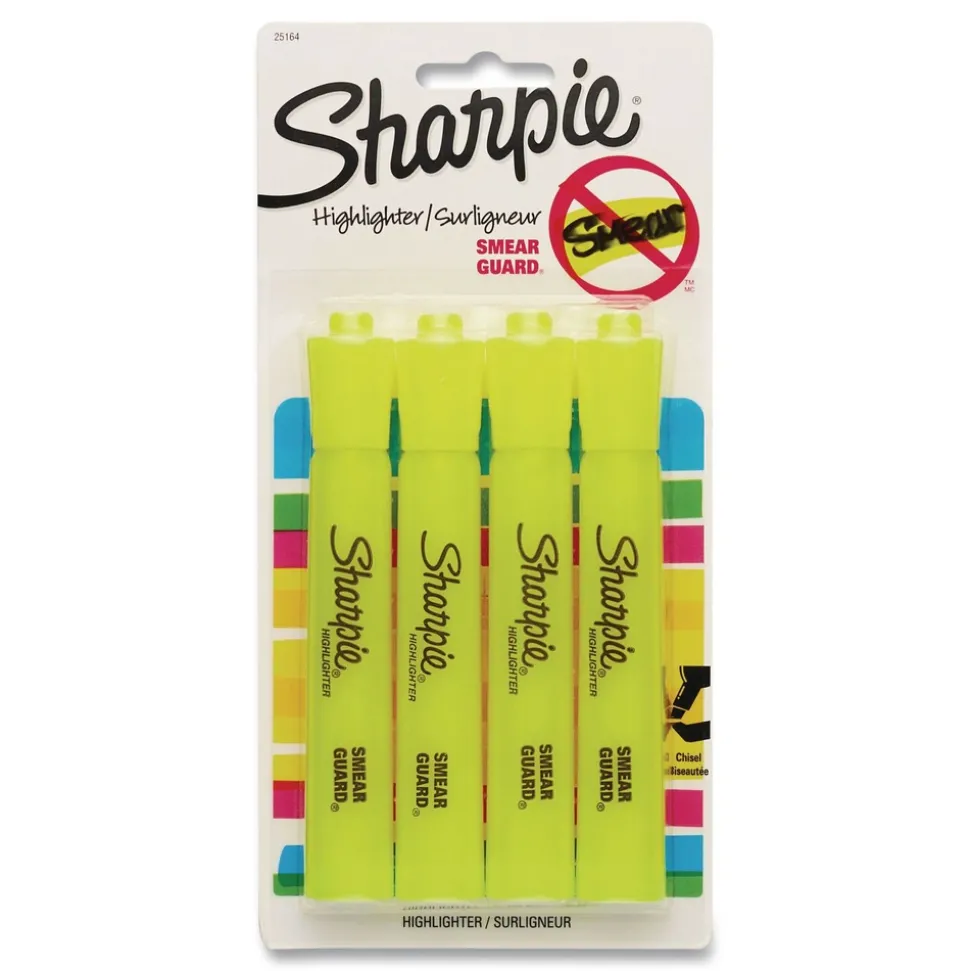 Sharpie Tank-Style Chisel Tip Highlighters - Fluorescent Yellow Ink/Yellow Barrel (4/Pack)