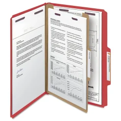 Smead 1 Divider Four SafeSHIELD Fasteners Legal Size Four-Section Pressboard Top Tab Classification Folders - Bright Red (10/Box)