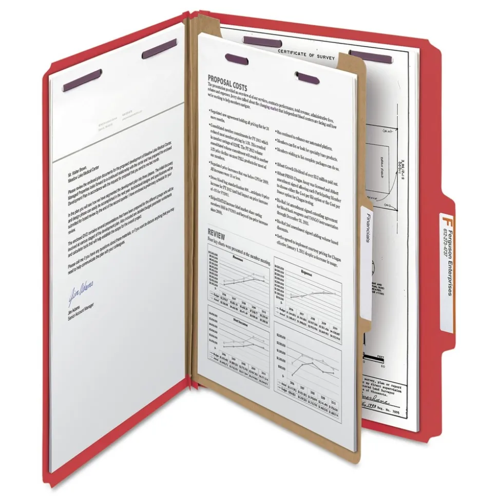 Smead 1 Divider Four SafeSHIELD Fasteners Legal Size Four-Section Pressboard Top Tab Classification Folders - Bright Red (10/Box)