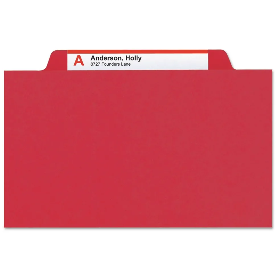 Smead 1 Divider Four SafeSHIELD Fasteners Legal Size Four-Section Pressboard Top Tab Classification Folders - Bright Red (10/Box)