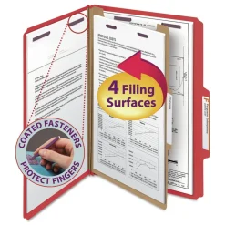 Smead 1 Divider Four SafeSHIELD Fasteners Legal Size Four-Section Pressboard Top Tab Classification Folders - Bright Red (10/Box)