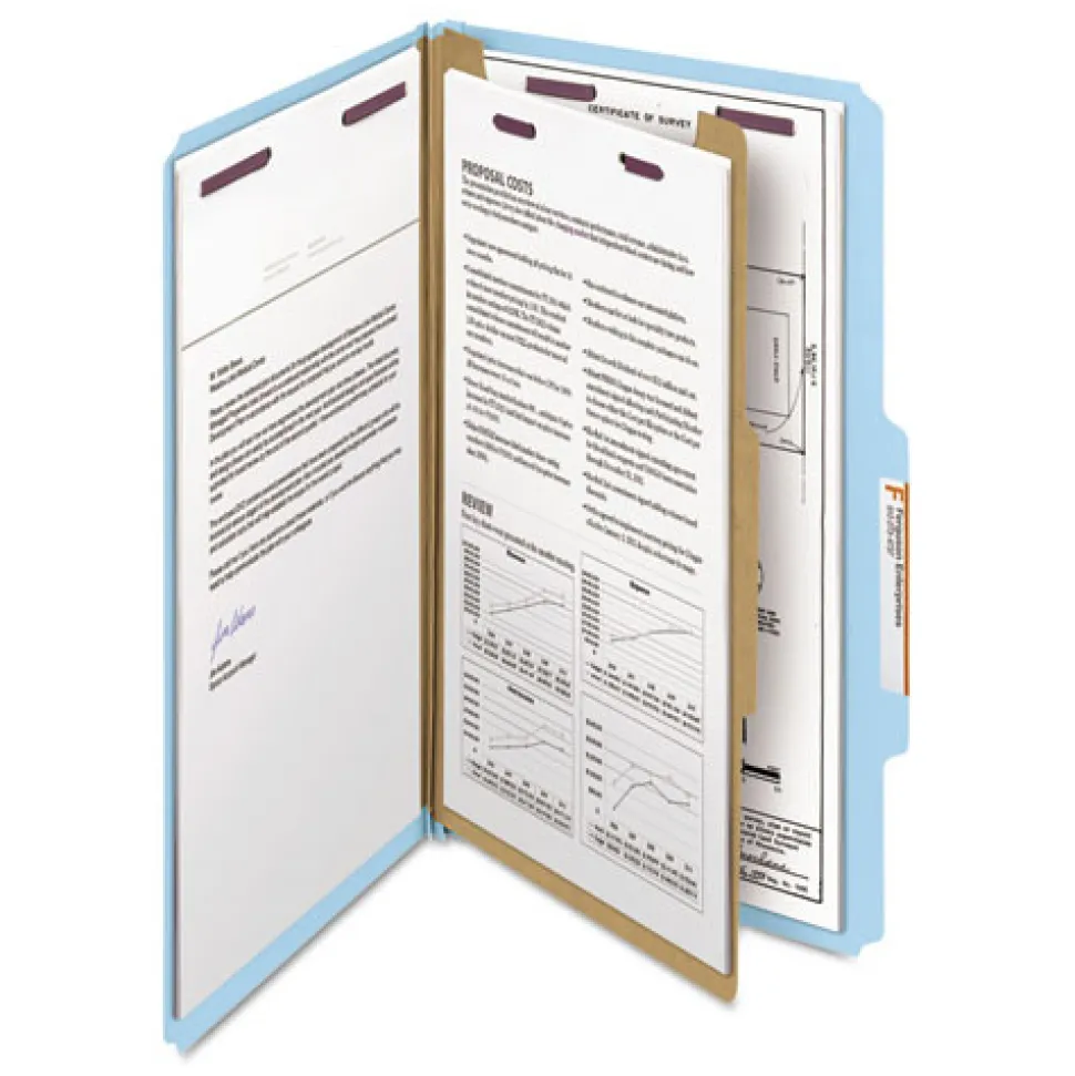 Smead 1 Divider Four SafeSHIELD Fasteners Legal Size Four-Section Pressboard Top Tab Classification Folders - Blue (10/Box)