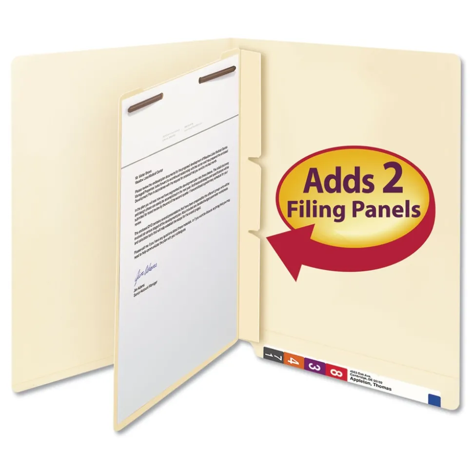 Smead 1 Fastener Letter Size Self-Adhesive Folder Dividers with Twin-Prong Fasteners for Top/End Tab Folders - Manila (100/Box)