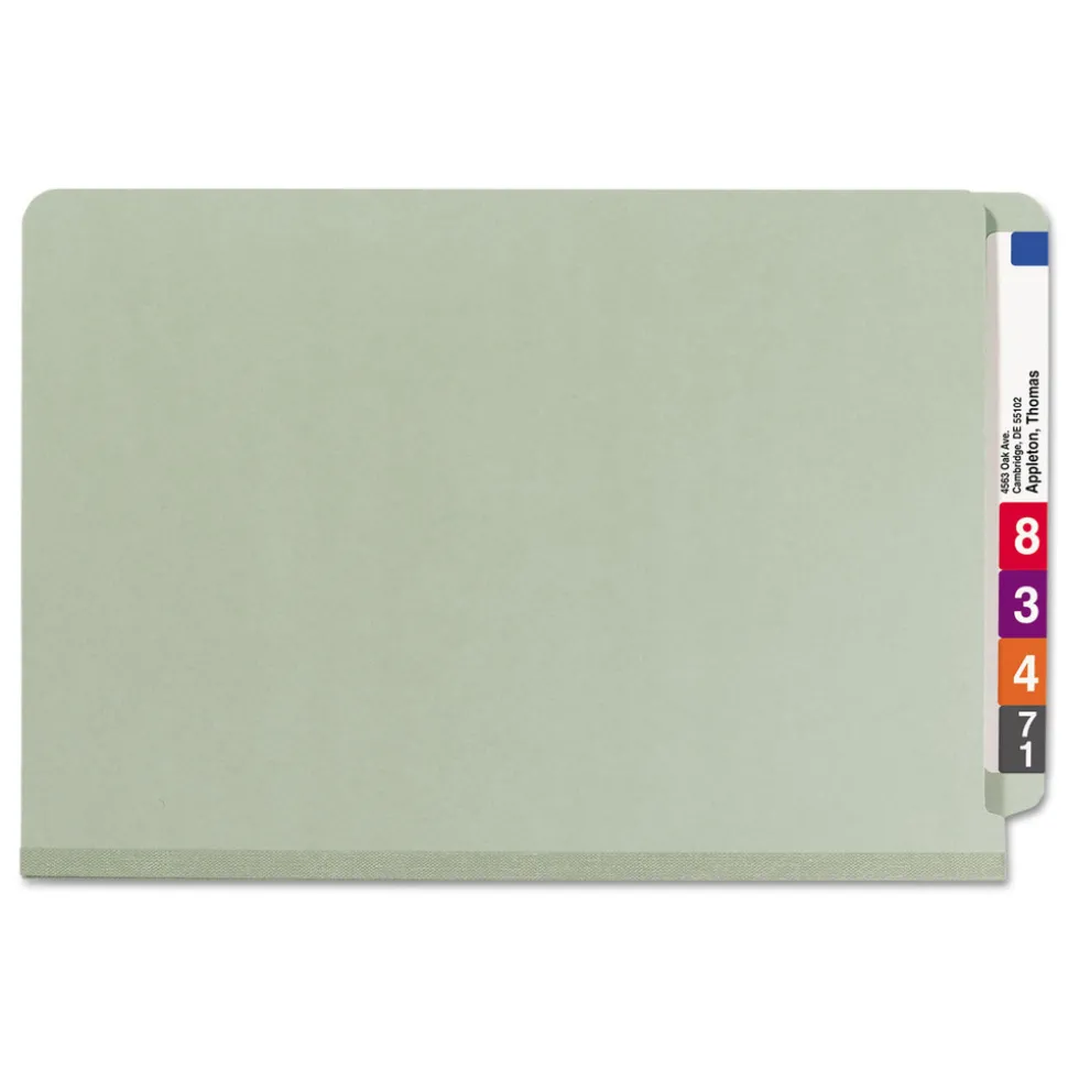 Smead 2 in. Expansion 1 Divider Legal Size 4 SafeSHIELD Fasteners End Tab Pressboard Classification Folders - Gray-Green (10/Box)