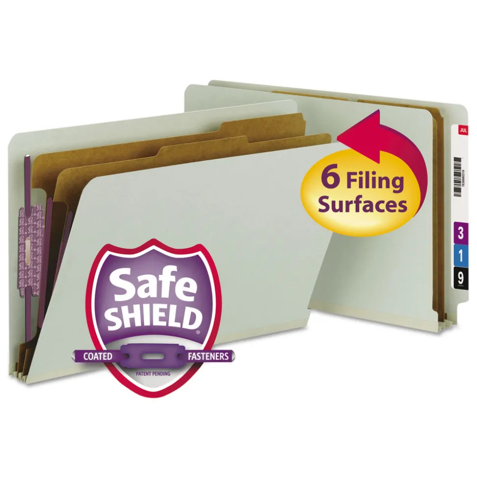 Smead 2 in. Expansion 2 Divider Legal Size 6 SafeSHIELD Fasteners End Tab Pressboard Classification Folders - Gray-Green (10/Box)