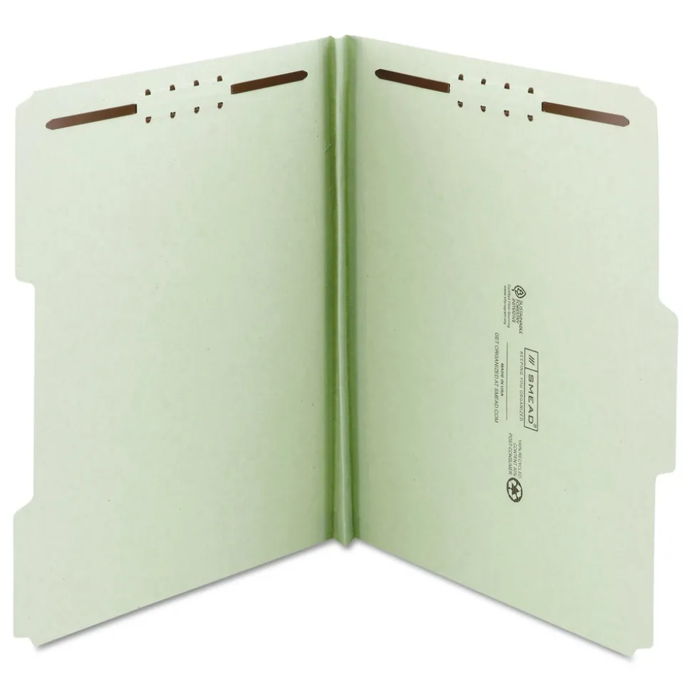 Smead 1 in. Expansion 2 Fasteners Legal Size Recycled Pressboard Fastener Folders - Gray-Green Exterior (25/Box)