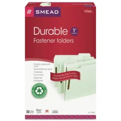 Smead 1 in. Expansion 2 Fasteners Legal Size Recycled Pressboard Fastener Folders - Gray-Green Exterior (25/Box)