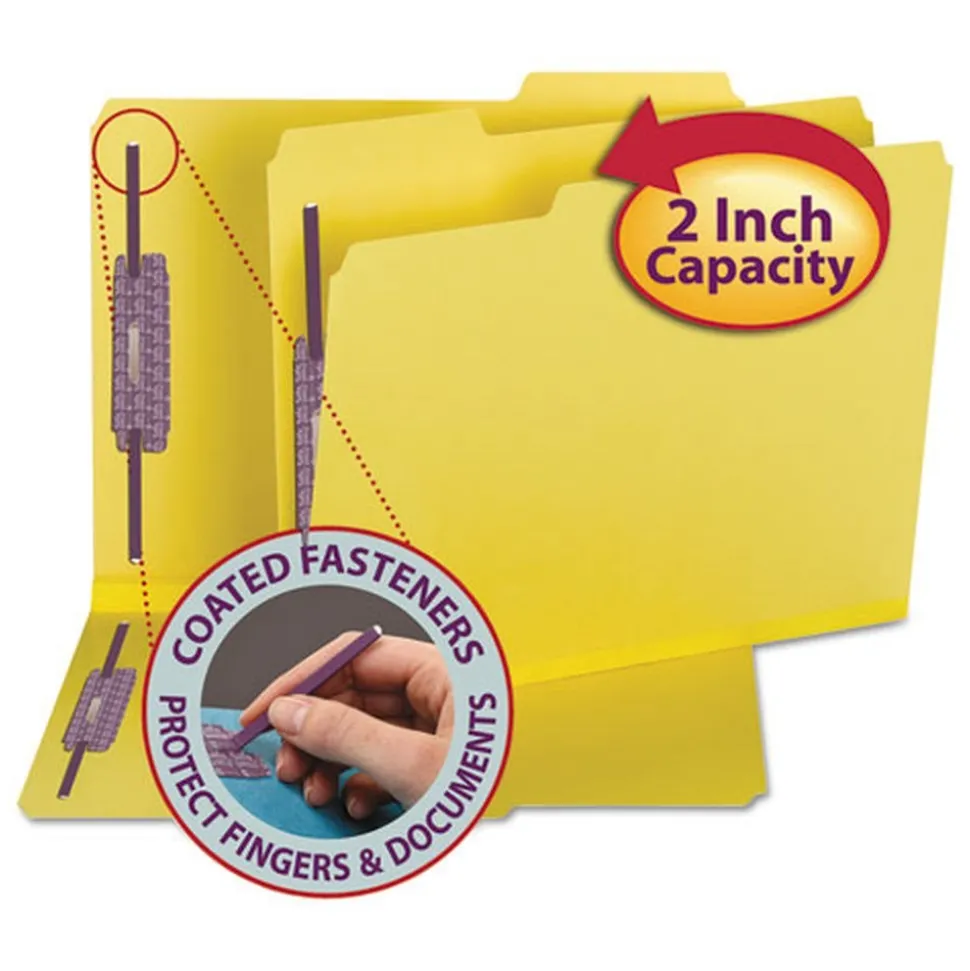 Smead 2 in. Expansion Colored Pressboard Folders with 2 SafeSHIELD Coated Fasteners - Letter Size/Yellow (25/Box)