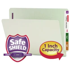 Smead 1 in. Expansion End Tab Pressboard Classification Folders with 2 SafeSHIELD Coated Fasteners - Letter Size/Gray-Green (25/Box)