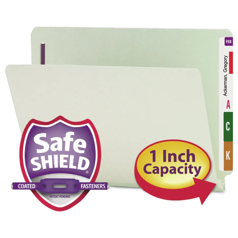 Smead 1 in. Expansion End Tab Pressboard Classification Folders with 2 SafeSHIELD Coated Fasteners - Letter Size/Gray-Green (25/Box)