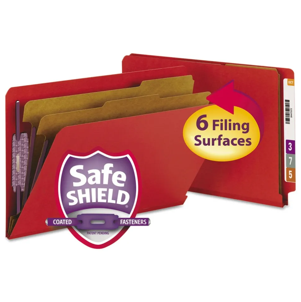 Smead 2 in. Expansion End Tab Pressboard Classification Folders - Bright Red/Legal Size (10/Box)