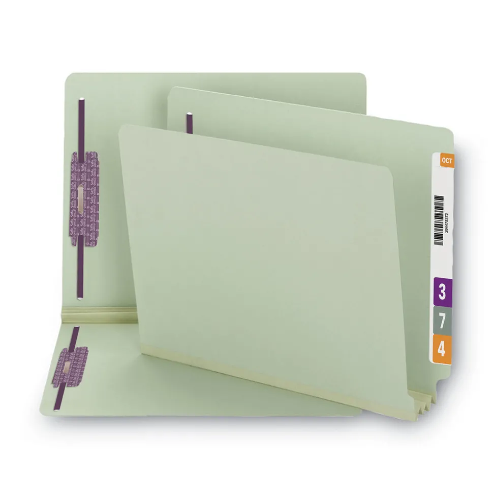 Smead 3 in. Expansion End Tab Pressboard Classification Folders with 2 SafeSHIELD Coated Fasteners - Letter Size/Gray-Green (25/Box)