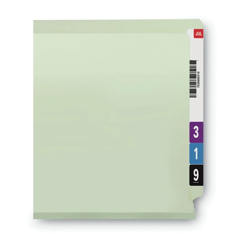 Smead 3 in. Expansion End Tab Pressboard Classification Folders with 2 SafeSHIELD Coated Fasteners - Letter Size/Gray-Green (25/Box)