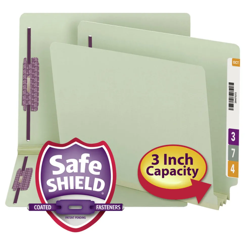 Smead 3 in. Expansion End Tab Pressboard Classification Folders with 2 SafeSHIELD Coated Fasteners - Letter Size/Gray-Green (25/Box)