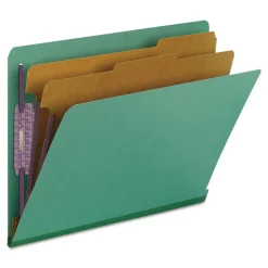 Smead 2 in. Expansion End Tab Pressboard Classification Folders with 6 SafeSHIELD Fasteners - Letter Size/Green (10/Box)