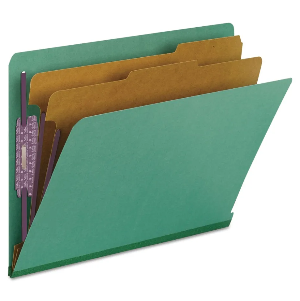 Smead 2 in. Expansion End Tab Pressboard Classification Folders with 6 SafeSHIELD Fasteners - Letter Size/Green (10/Box)