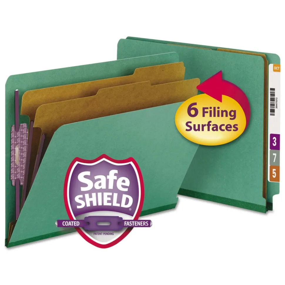 Smead 2 in. Expansion End Tab Pressboard Classification Folders with 6 SafeSHIELD Fasteners - Letter Size/Green (10/Box)