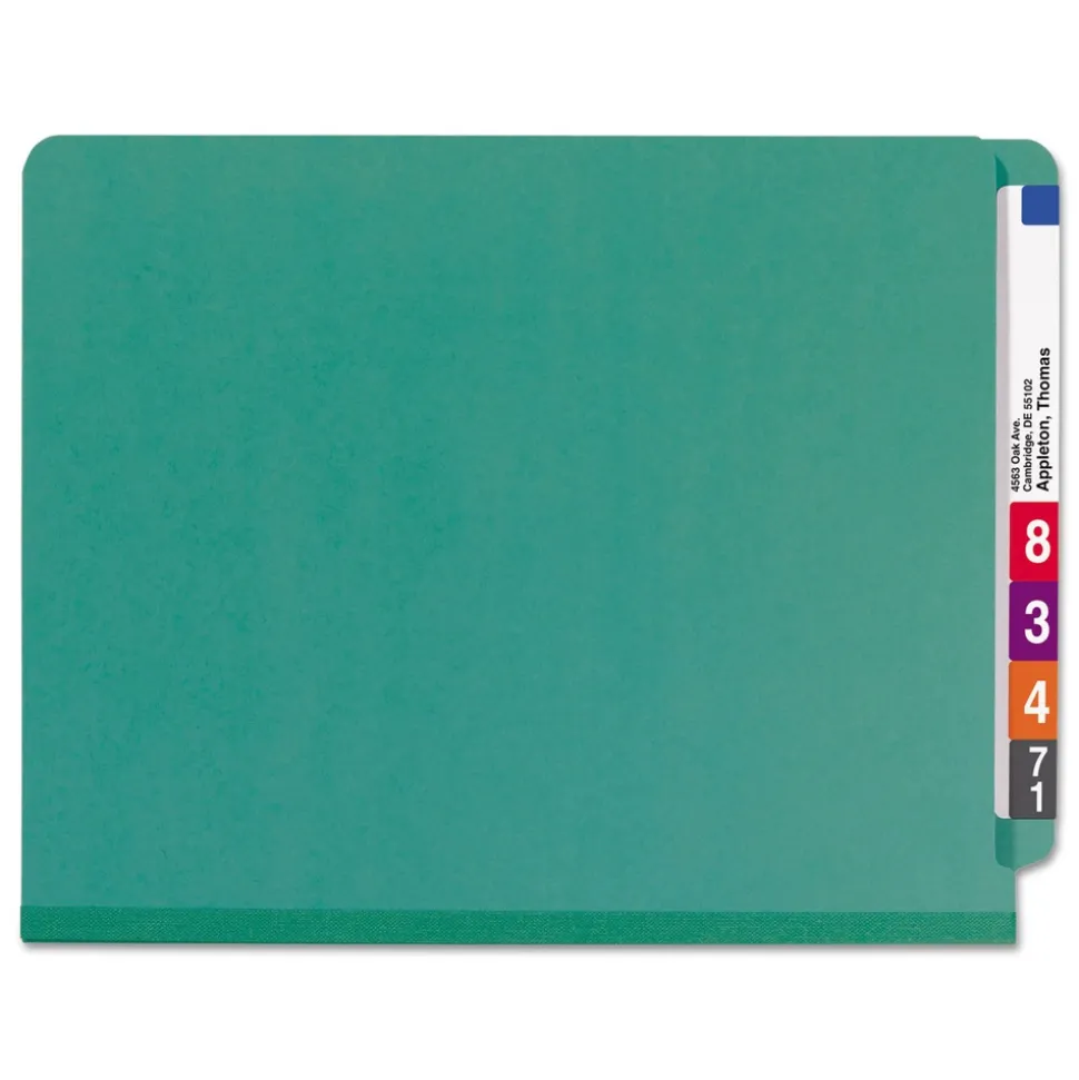 Smead 2 in. Expansion End Tab Pressboard Classification Folders with 6 SafeSHIELD Fasteners - Letter Size/Green (10/Box)