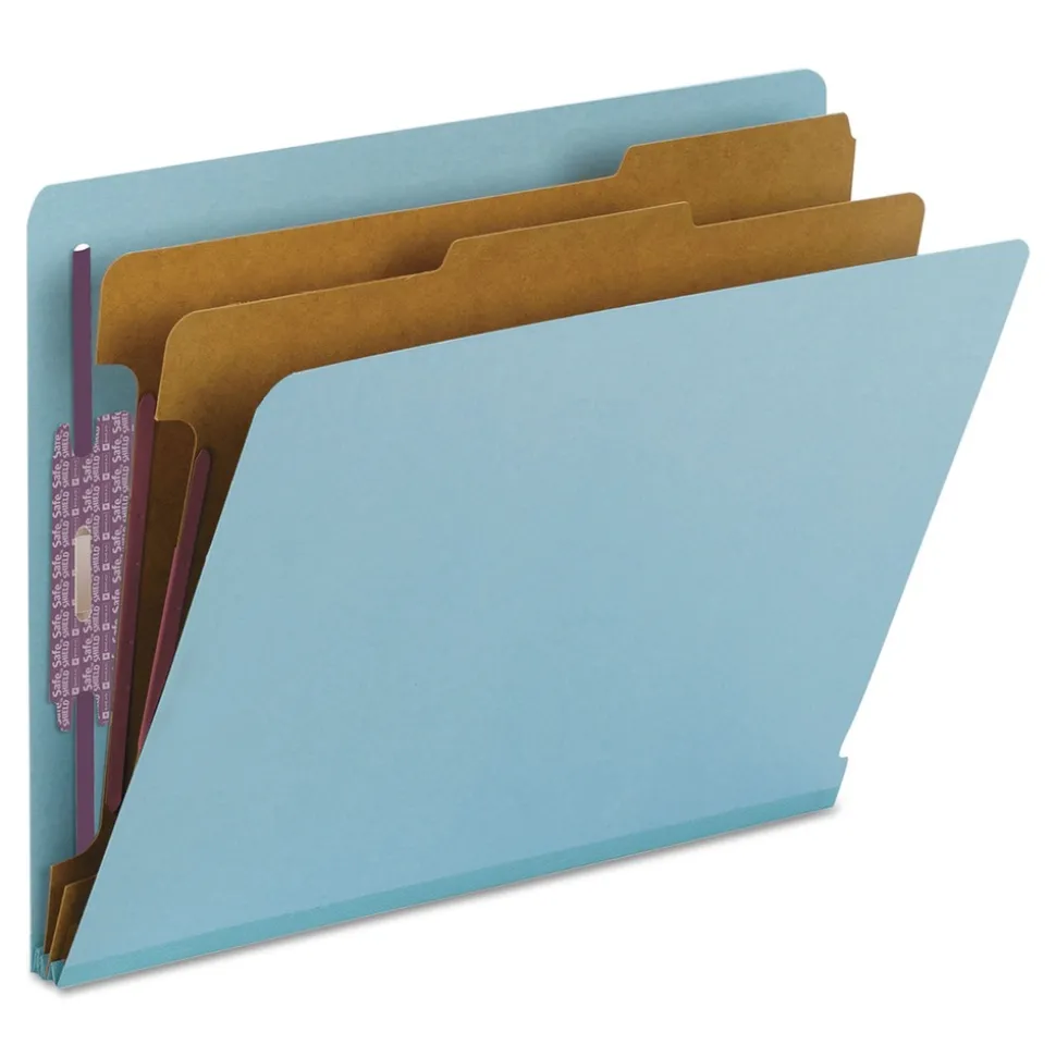 Smead 2 in. Expansion End Tab Pressboard Classification Folders with 6 SafeSHIELD Fasteners - Letter Size/Blue (10/Box)