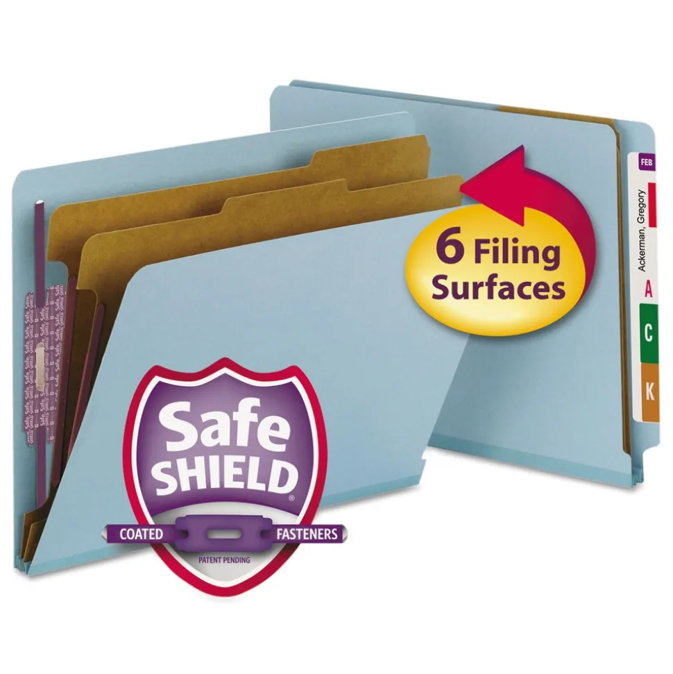 Smead 2 in. Expansion End Tab Pressboard Classification Folders with 6 SafeSHIELD Fasteners - Letter Size/Blue (10/Box)