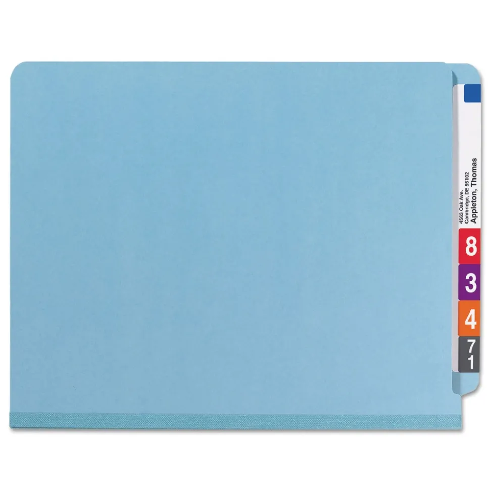 Smead 2 in. Expansion End Tab Pressboard Classification Folders with 6 SafeSHIELD Fasteners - Letter Size/Blue (10/Box)
