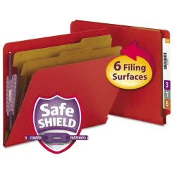 Smead 2 in. Expansion End Tab Pressboard Classification Folders with 6 SafeSHIELD Fasteners - Letter Size/Bright Red (10/Box)