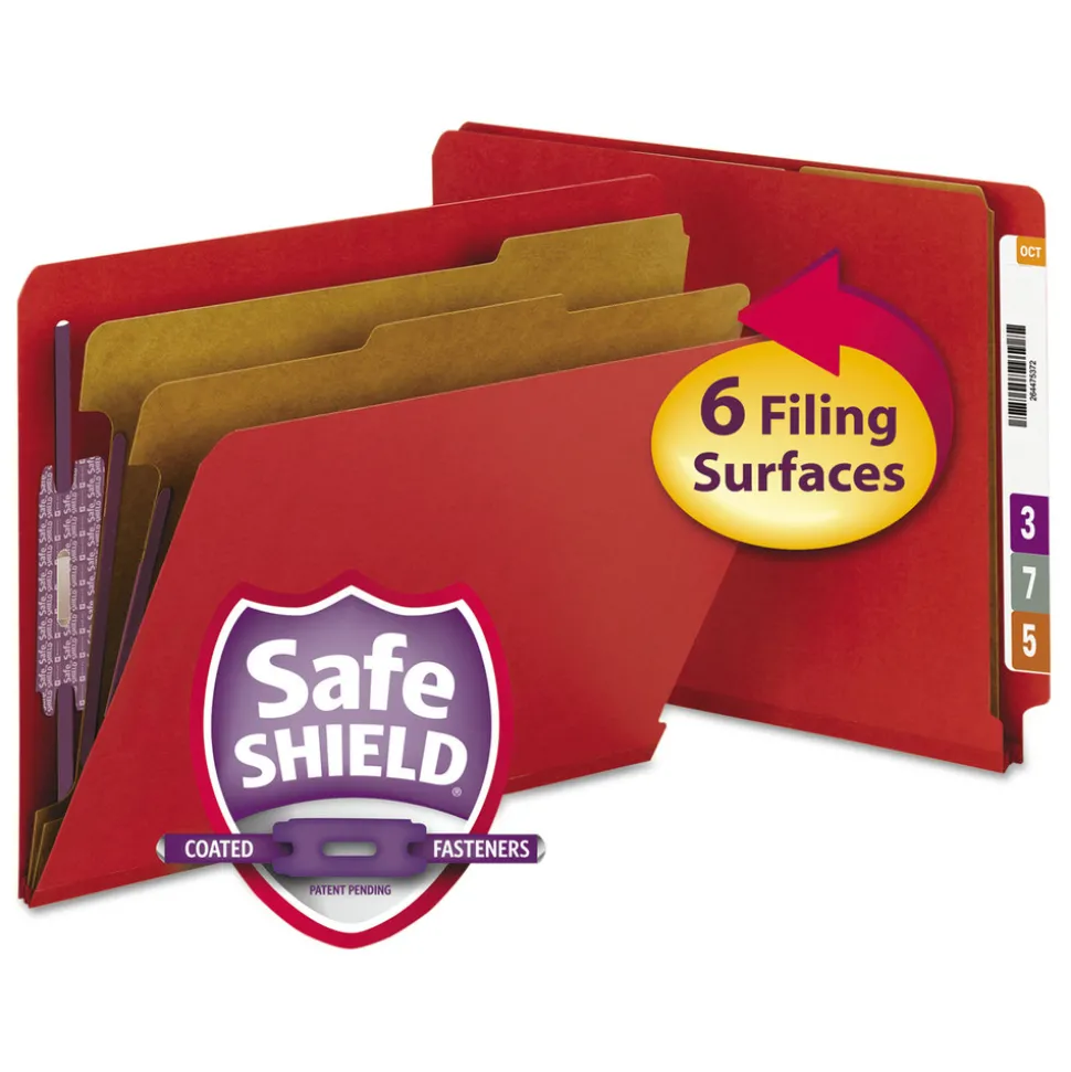 Smead 2 in. Expansion End Tab Pressboard Classification Folders with 6 SafeSHIELD Fasteners - Letter Size/Bright Red (10/Box)