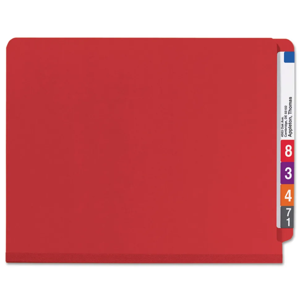 Smead 2 in. Expansion End Tab Pressboard Classification Folders with 6 SafeSHIELD Fasteners - Letter Size/Bright Red (10/Box)