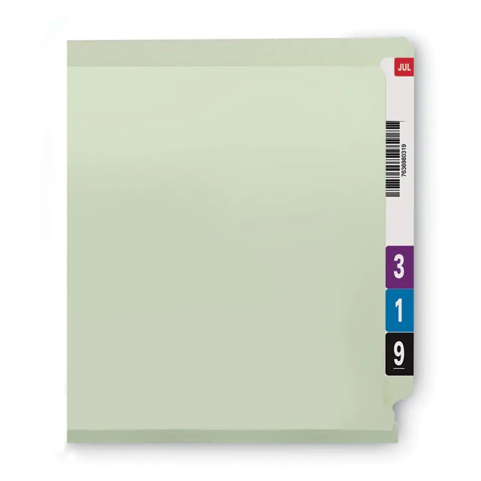 Smead 1 in. Expansion End Tab Pressboard Classification Folders with 2 SafeSHIELD Coated Fasteners - Legal Size/Gray-Green (25/Box)
