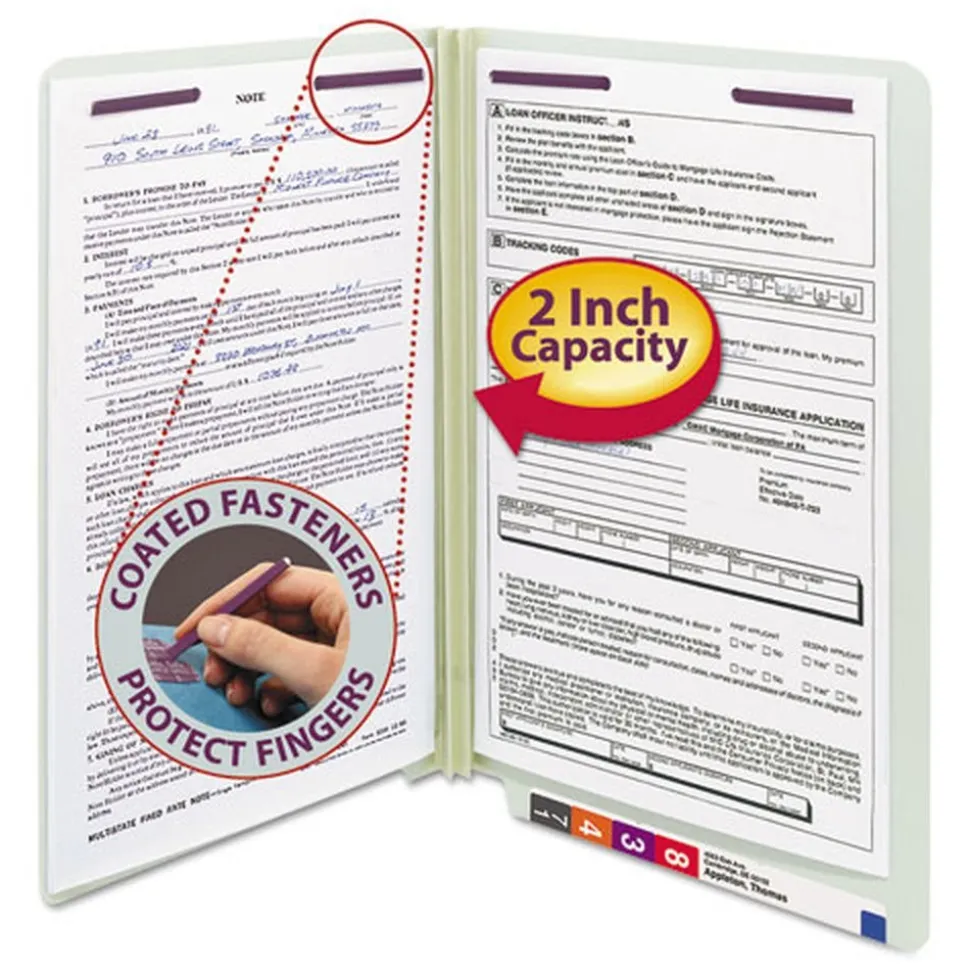 Smead 2 in. Expansion End Tab Pressboard Classification Folders with 2 SafeSHIELD Coated Fasteners - Legal Size/Gray-Green (25/Box)