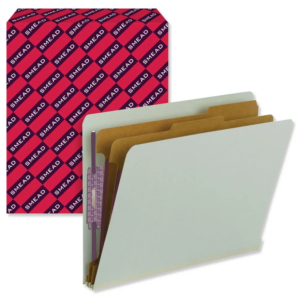 Smead 2 in. Expansion End Tab Pressboard Classification Folders with 6 SafeSHIELD Fasteners - Letter Size/Gray-Green (10/Box)