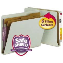Smead 2 in. Expansion End Tab Pressboard Classification Folders with 6 SafeSHIELD Fasteners - Letter Size/Gray-Green (10/Box)