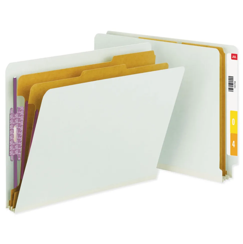 Smead 2 in. Expansion End Tab Pressboard Classification Folders with 6 SafeSHIELD Fasteners - Letter Size/Gray-Green (10/Box)