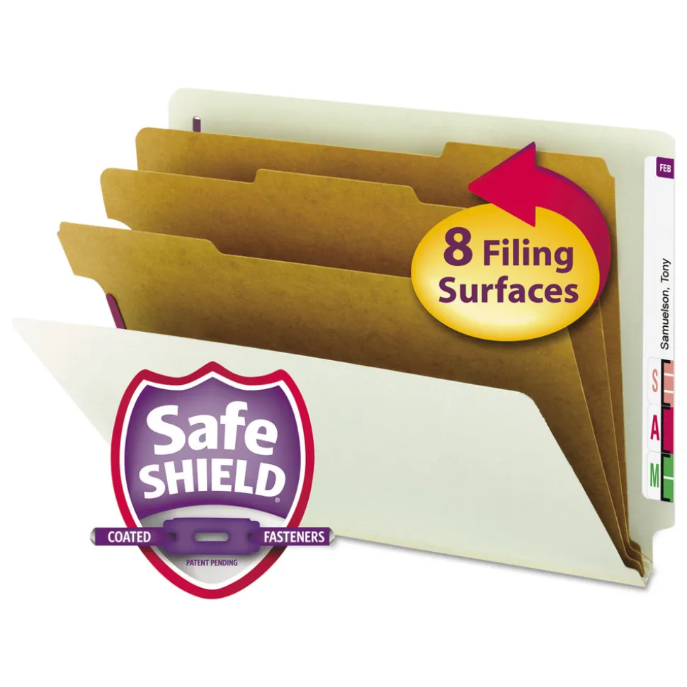 Smead 3 in. Expansion End Tab Pressboard Classification Folder with 8 SafeSHIELD Fasteners - Letter Size/Gray-Green (10/Box)